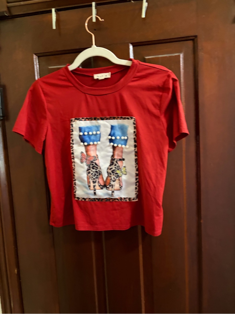 love J Red Short Sleeve Tee with Studded Shoe Graphic